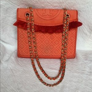 Tory Burch Orange Purse With Red Fringe